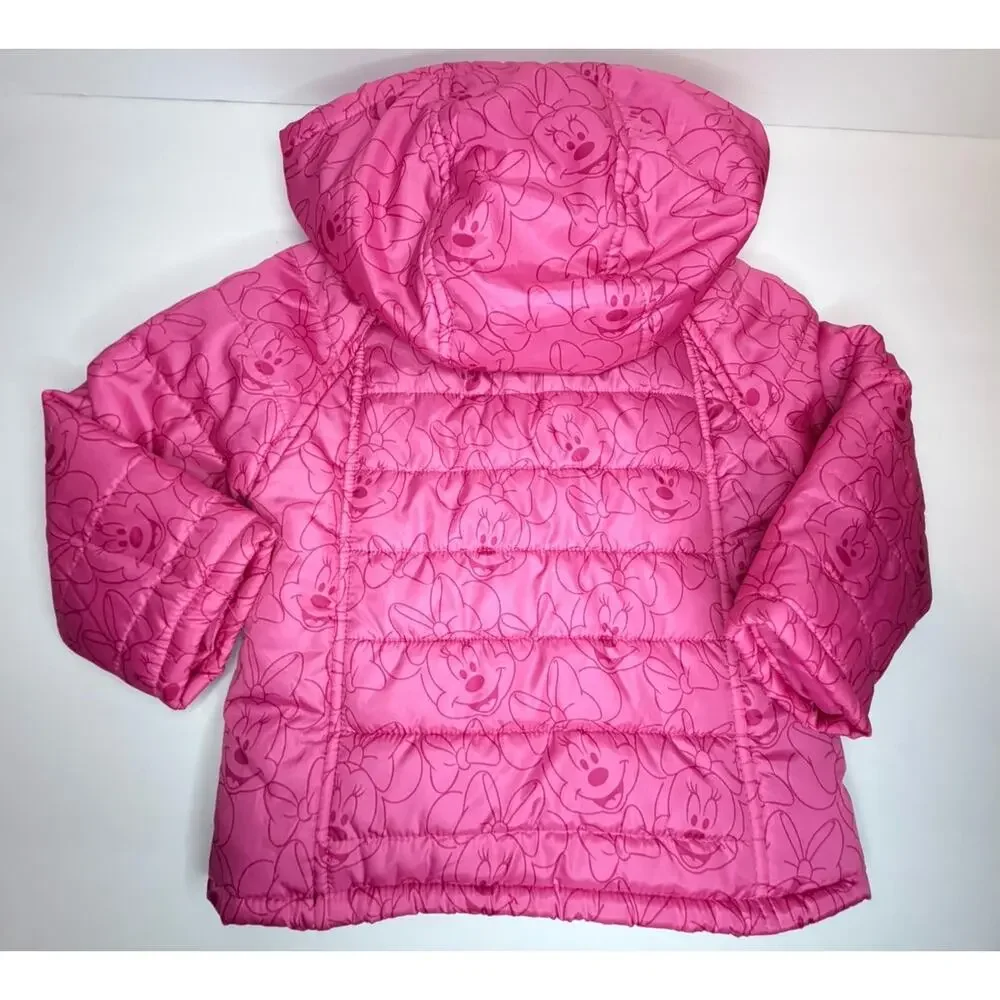 Disney Collection Minnie Mouse All Over Print Hooded Puffer Jacket Pink Sz 2
